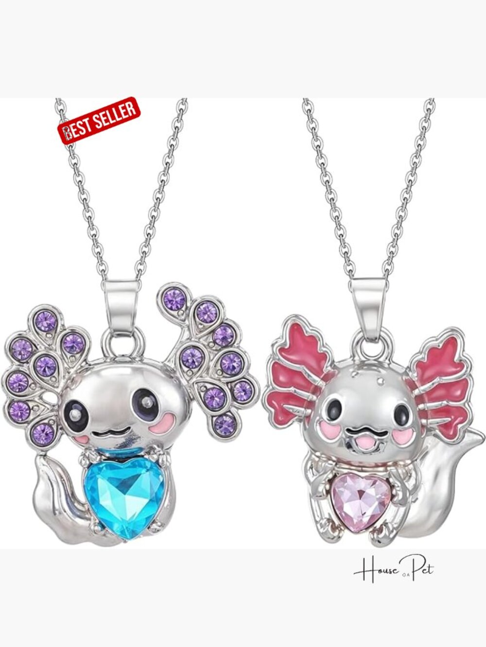 2 Pcs Axolotl Pendant Necklace Set Zinc Alloy Crystal Charm Jewelry Unisex